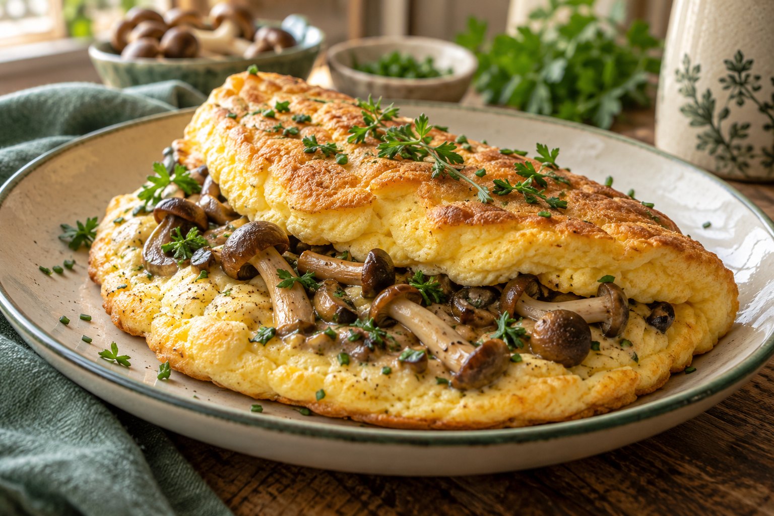 Omelette soufflee mit Pioppino-Pilzen – Serviervorschlag