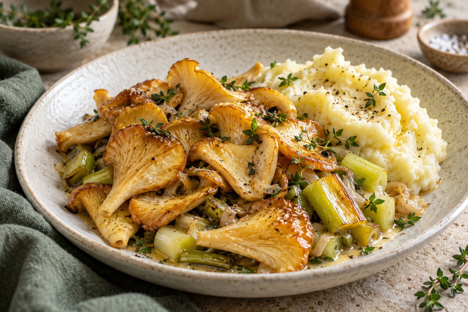 Zitronenseitlinge mit Lauchgemüse & Kartoffelpüree – Serviervorschlag