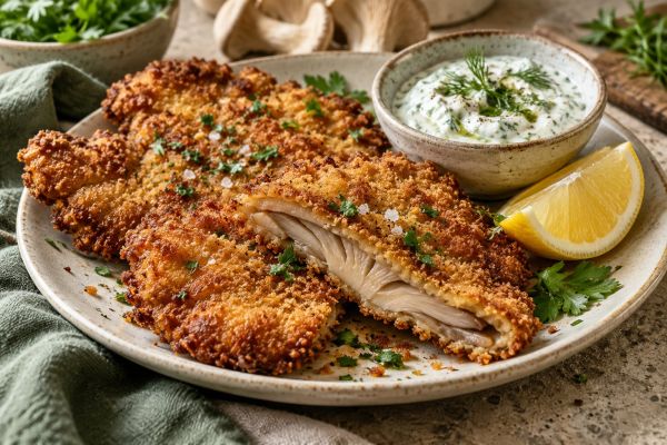 Austernpilzschnitzel mit Joghurtsauce – KI-generierter Serviervorschlag