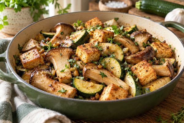 Hähnchen- oder Tofu-Zucchini-Pfanne mit Kräuterseitlingen – KI-generierter Serviervorschlag