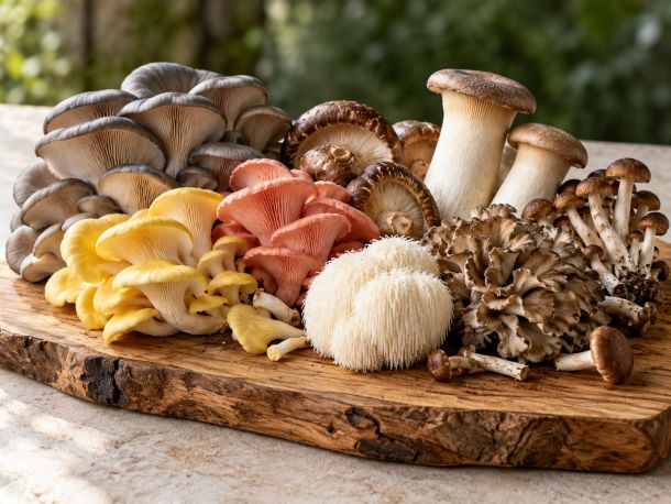 Gourmetpilze auf Holz – KI-generiertes Bild