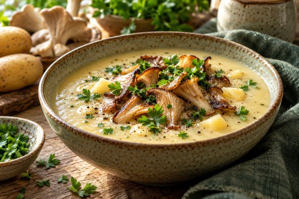 Kartoffelsuppe mit Austernpilzen – KI-generierter Serviervorschlag